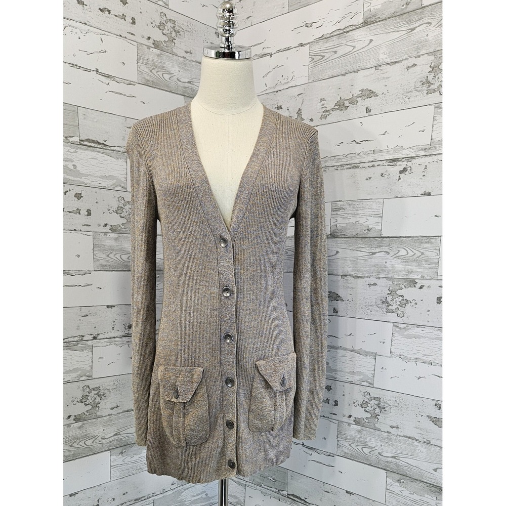 Diane von Furstenberg DVF Marled Ribbed Long Cardigan Gold Tan Purple Medium
